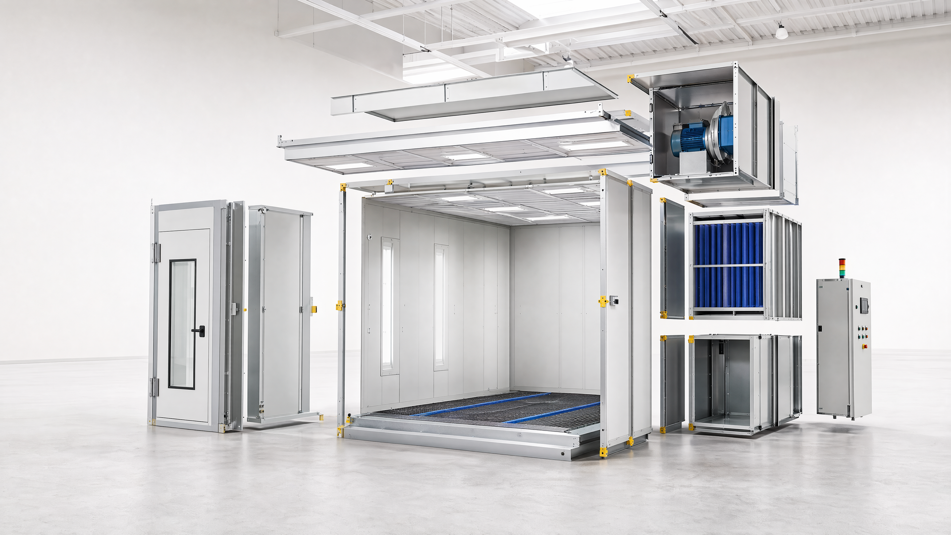 Representative exploded custom modular spray booth with structural modules and coordinated equipment