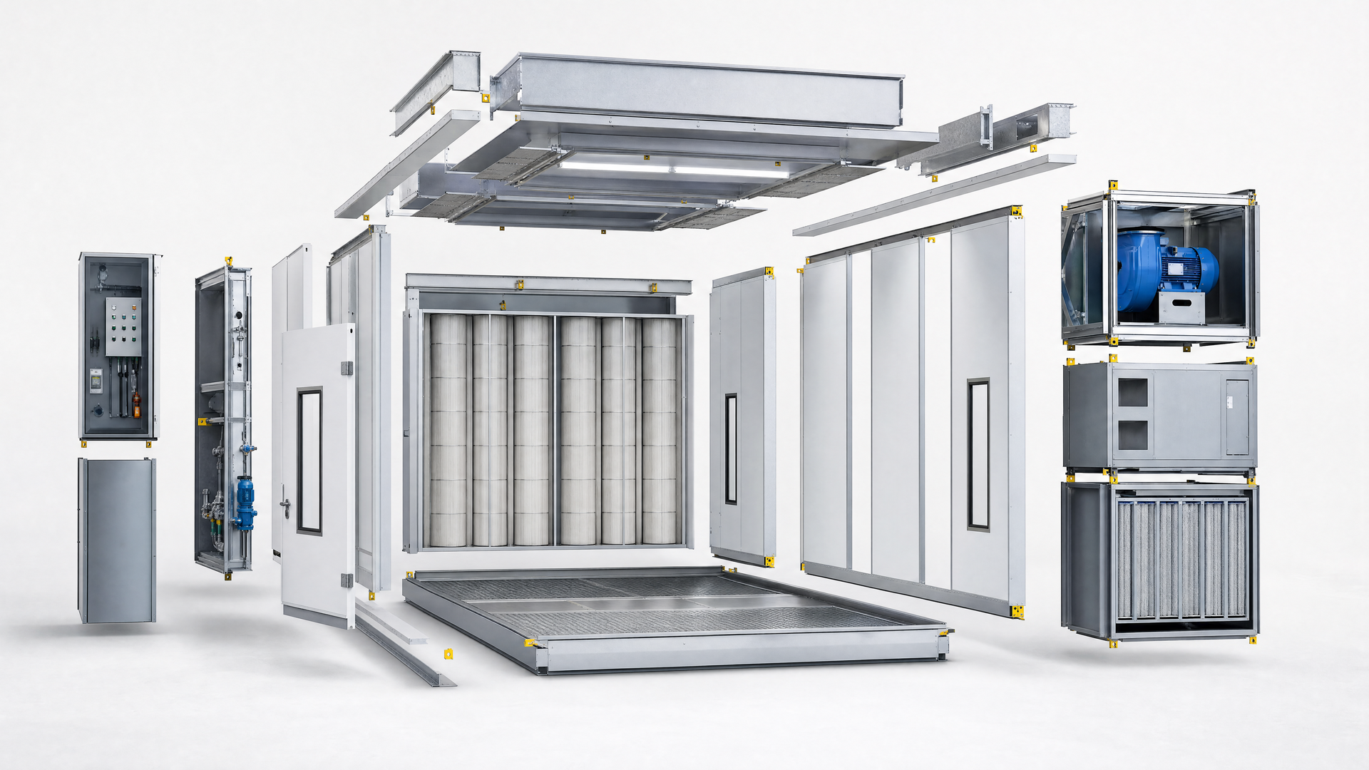 Representative axonometric exploded custom spray-booth module system