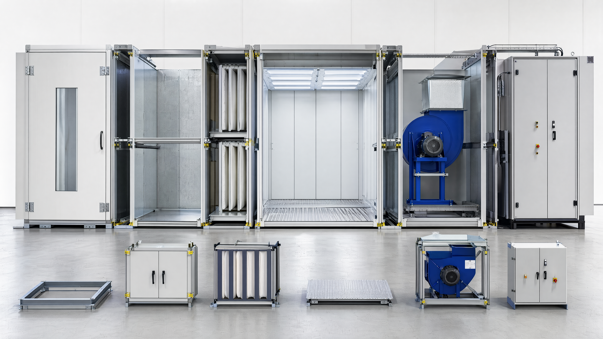 Six selectable spray-booth module groups with visible physical interfaces
