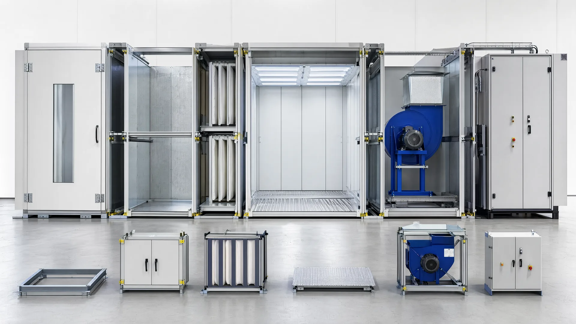 Six selectable spray-booth module groups with visible physical interfaces
