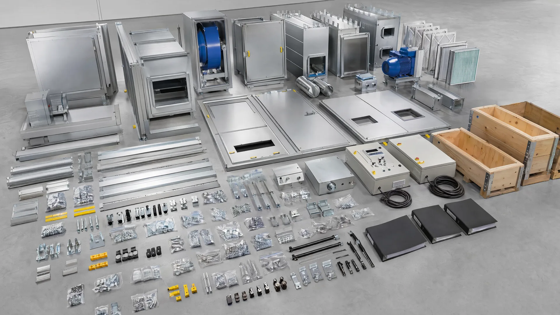 Representative shipping-ready modular kit with protected components and documentation