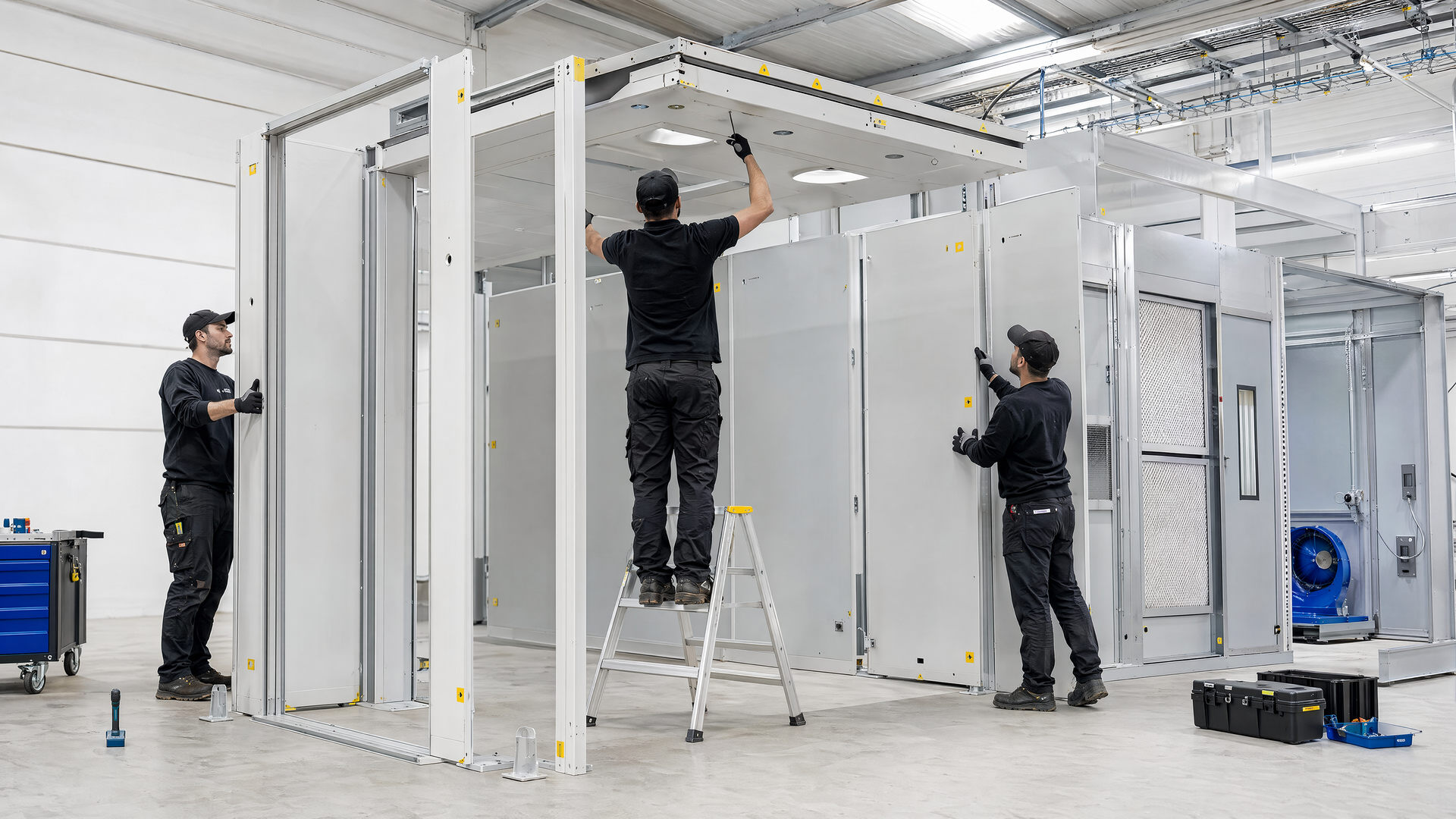 Representative local team assembling modular booth panels