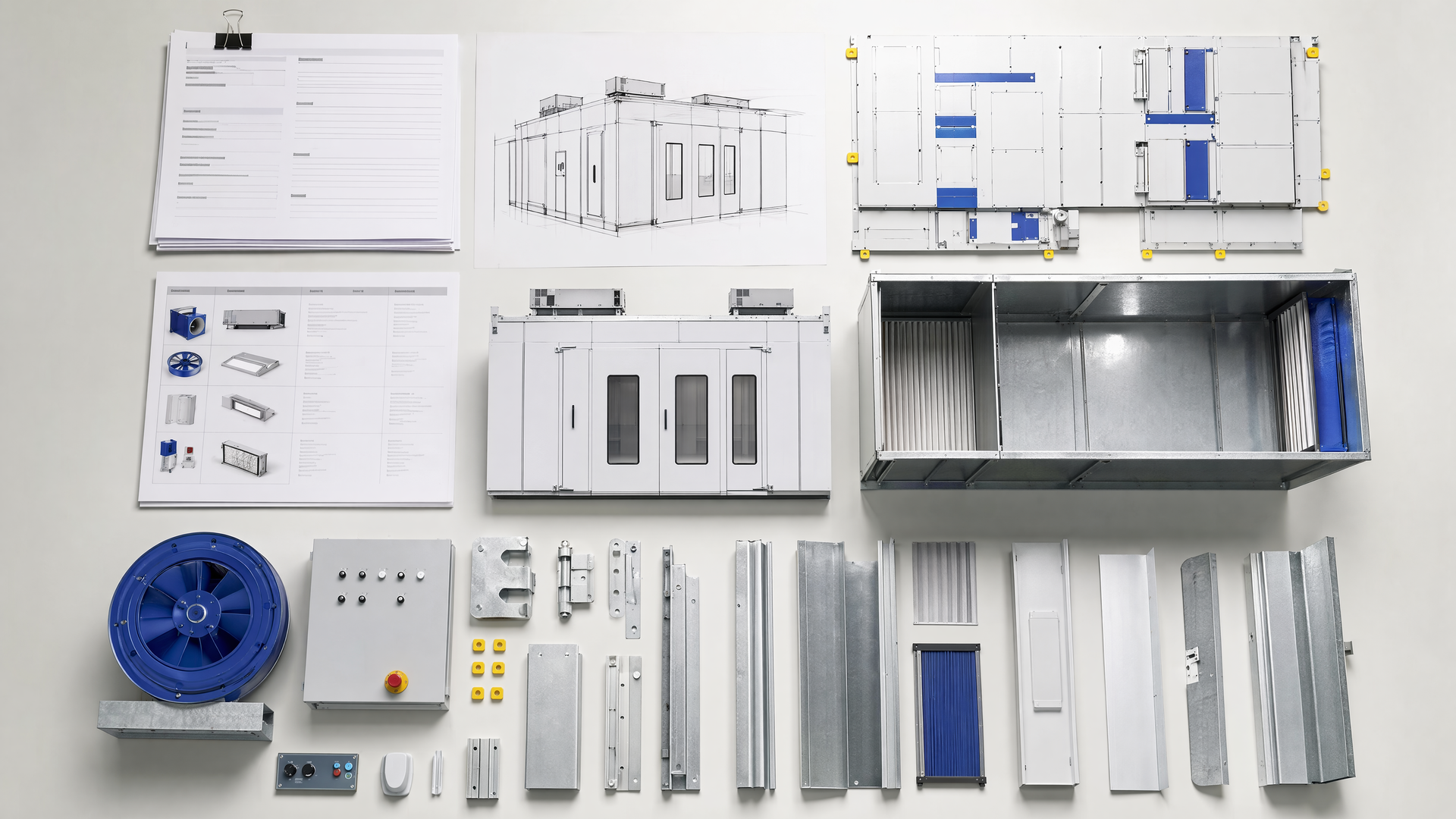 Illustrative planning image with modular booth requirements and component references