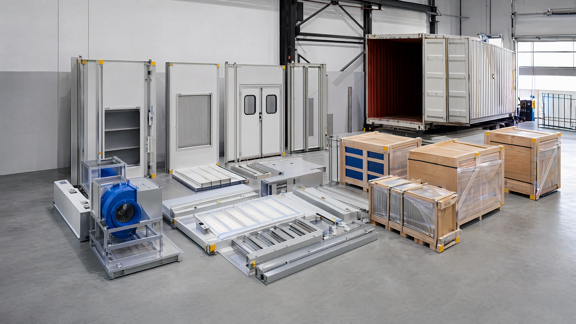 Representative modular booth divided for shipping and local assembly