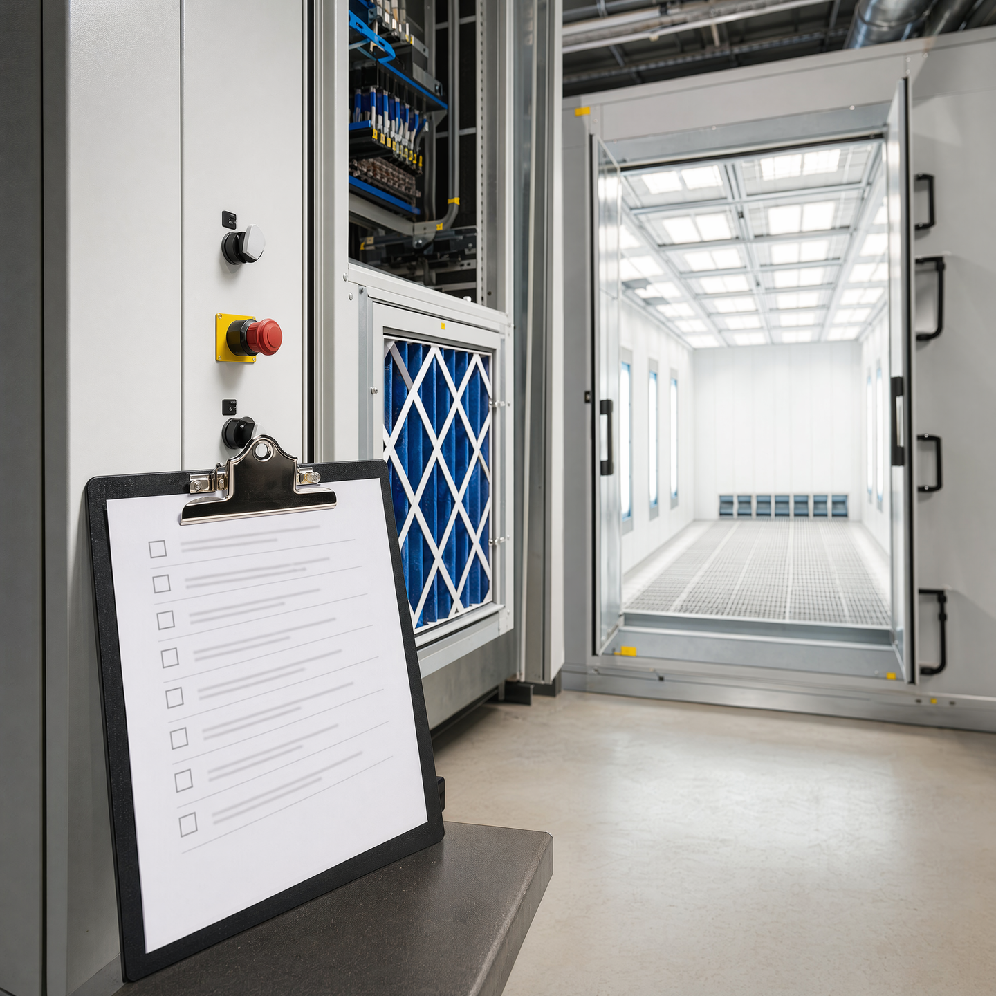 Illustrative commissioning checklist beside a completed modular booth